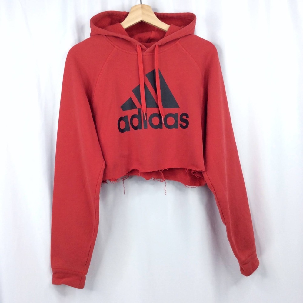 Adidas Women's Crop Hoodie Sweatshirt Size Medium Red Frayed Hem